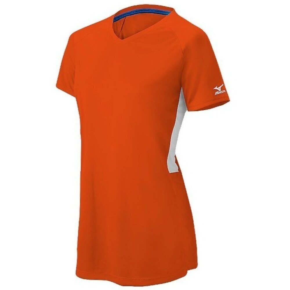 Mizuno Performance Girls Youth Vneck Orange White Short Sleeve Jersey NEW Large